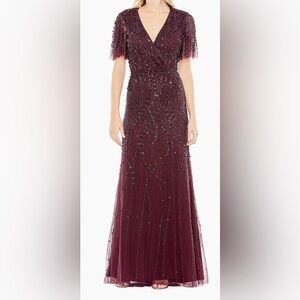 Mac Duggal Embellished Tulle Wrap Effect Column Gown 14 NWT $698 Aubergine